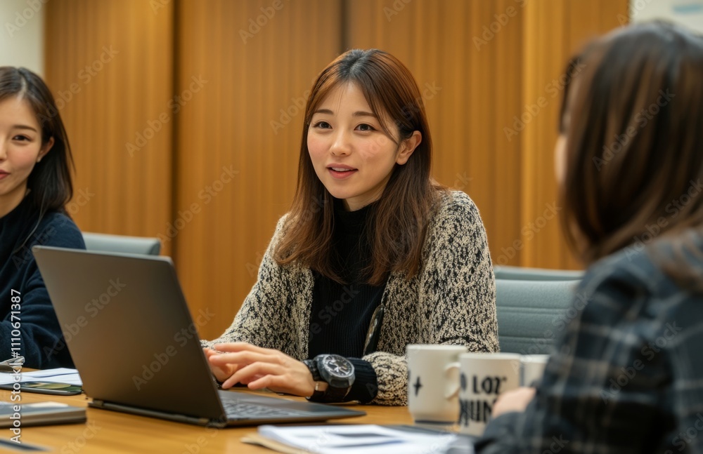 Female office workers discussing a project in a modern meeting room