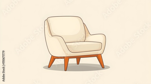 Mid-century modern white armchair with wooden legs and beige upholstery, illustrated in minimalist 2D vector style with gentle shadows and clean architectural lines. 