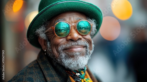 A smiling elderly man with a distinctive beard and colorful, stylish glasses, exuding a sense of joy and character in a vibrant urban setting.