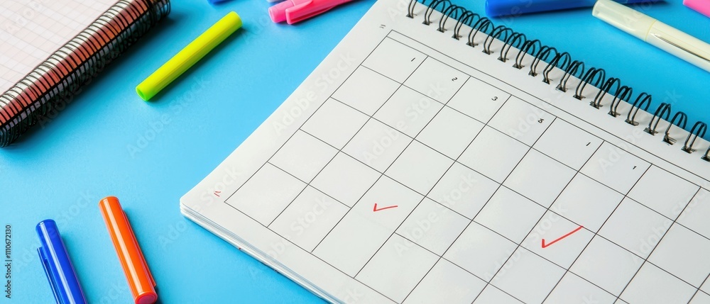 Organizing your day task planner flat lay with colorful markers in a cozy workspace environment Organizing your day task planner flat lay with colorful markers in a cozy workspace environment