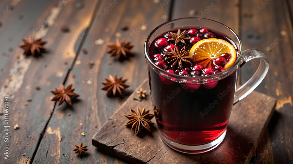 Warm mulled cranberry cider with spices in a clear mug on a rustic table Warm mulled cranberry cider with spices in a clear mug on a rustic table