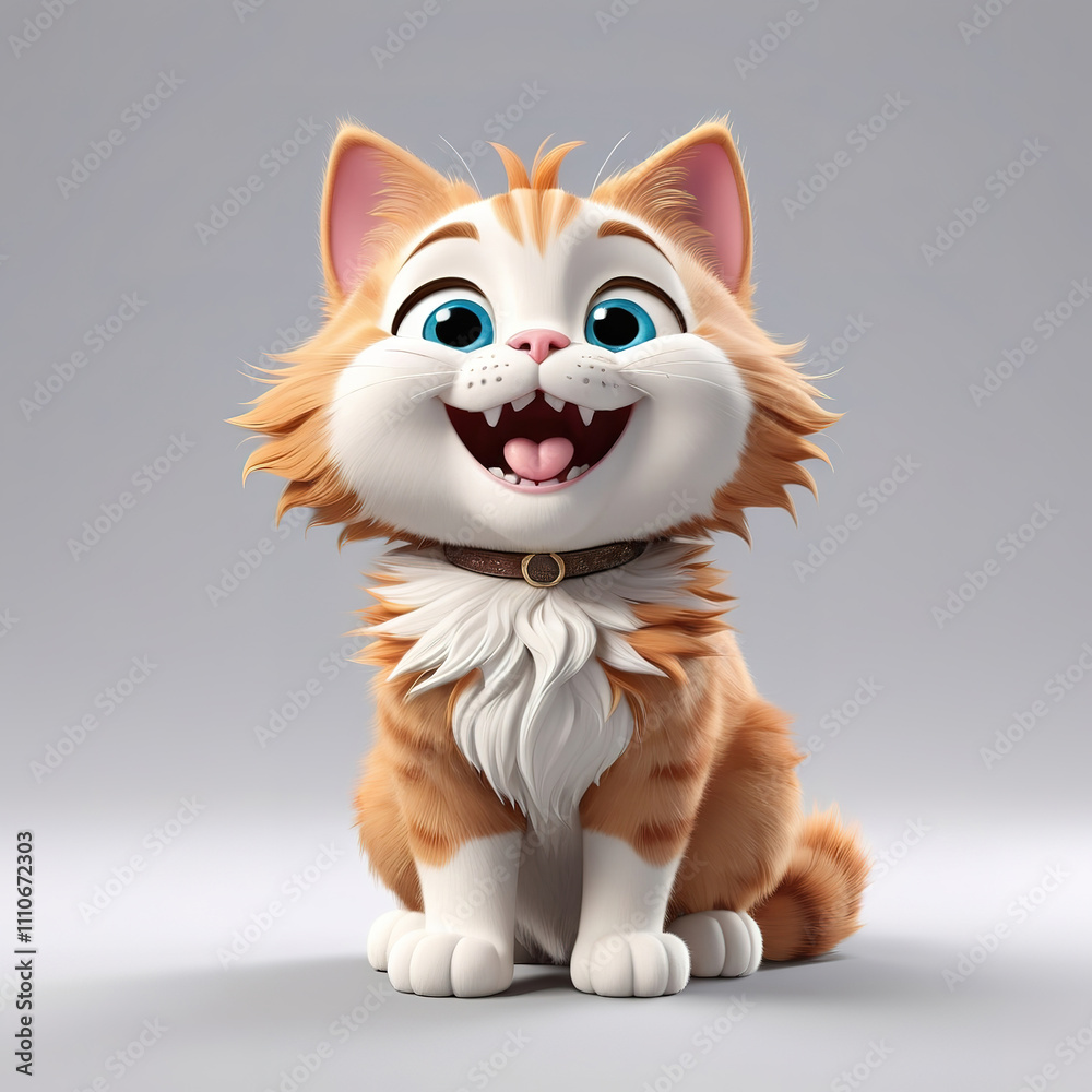 Laughing 3D cartoon cat, adorable fur, showcasing a cute expression on a light backdrop. Laughing 3D cartoon cat, adorable fur, showcasing a cute expression on a light backdrop.
