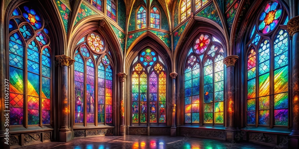Fototapeta premium Colorful Watercolor Stained Glass in Gothic Cathedral Architecture with Decorative Medieval Windows Illuminating Light Patterns
