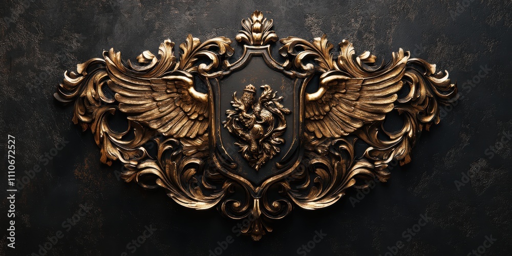 Intricately Detailed Ornate Gold Shield with Winged Design and Lion Emblem Against a Textured Dark Background for Regal Aesthetic Appeal Intricately Detailed Ornate Gold Shield with Winged Design and Lion Emblem Against a Textured Dark Background for Regal Aesthetic Appeal