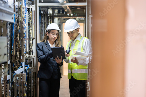 Asian male and female engineers invent electrical circuits that improve the performance of power plants using laptops, enabling the energy industry to meet the world's growing energy demand.