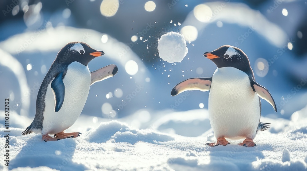 Fototapeta premium A lighthearted moment of a penguin throwing a snowball at its companion in a bright, snowy winter setting