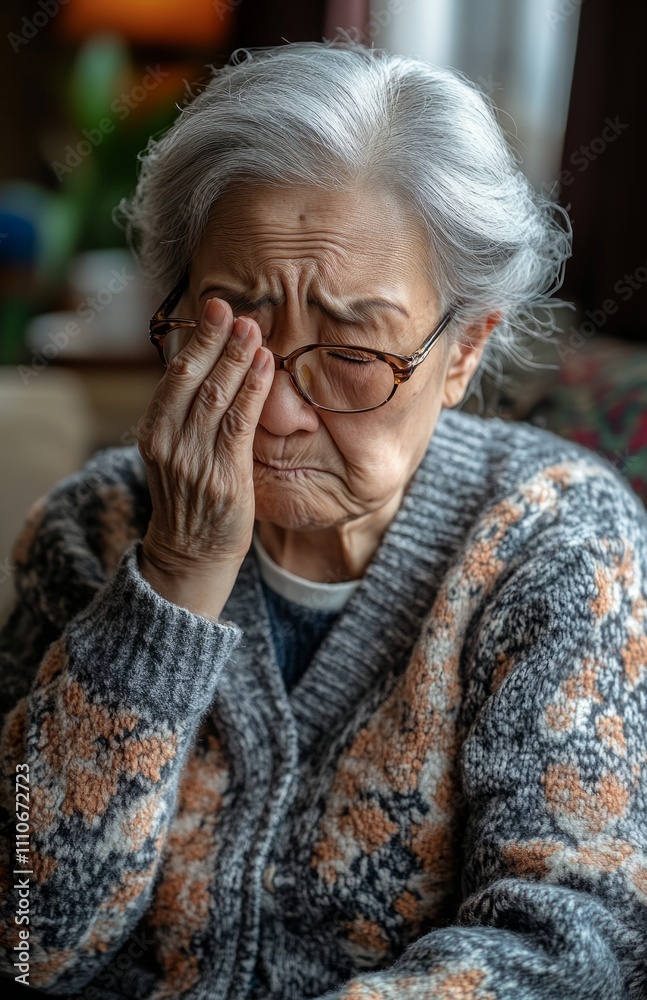 Elderly woman with a headache holding glasses on sofa Elderly woman with a headache holding glasses on sofa