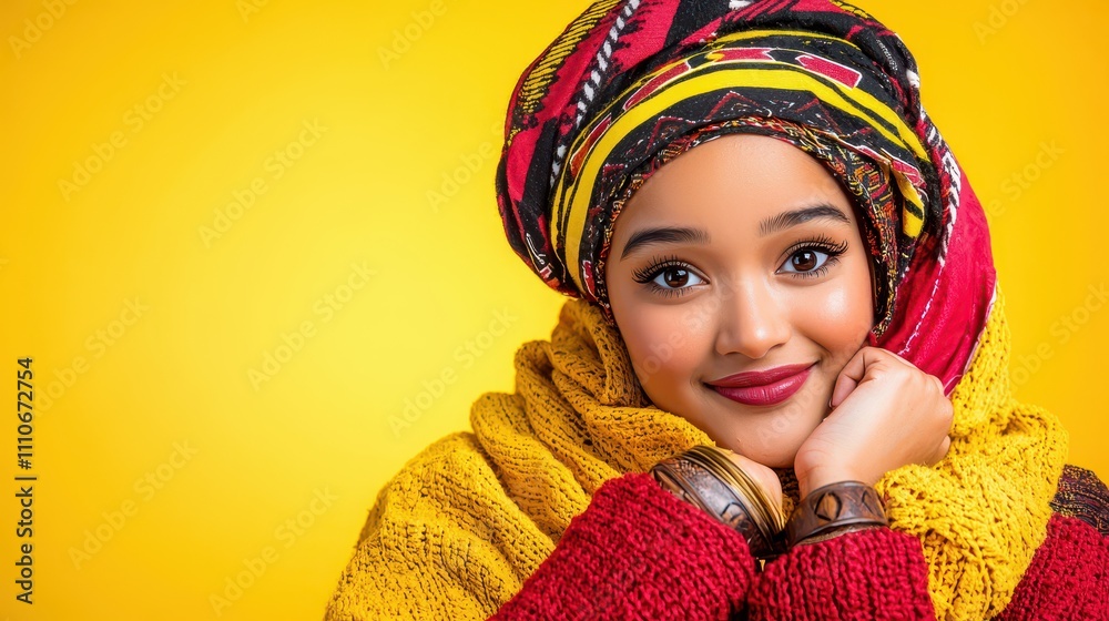 Young woman with colorful headscarf smiling against yellow background Young woman with colorful headscarf smiling against yellow background