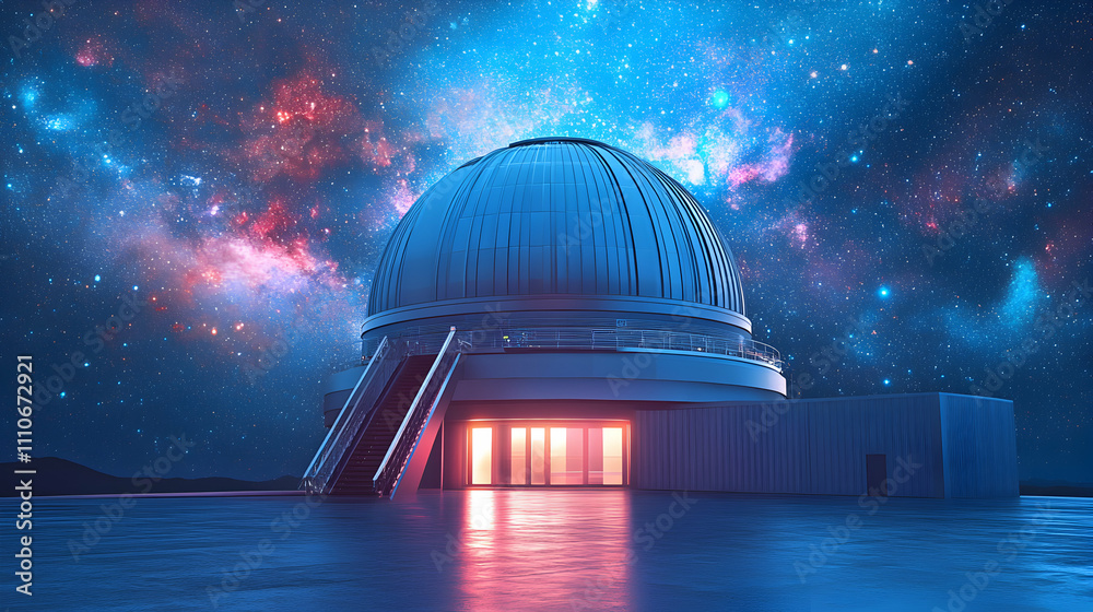Fototapeta premium Modern observatory under a vibrant night sky filled with stars and nebulae. Ideal for science, astronomy, and exploration themes.