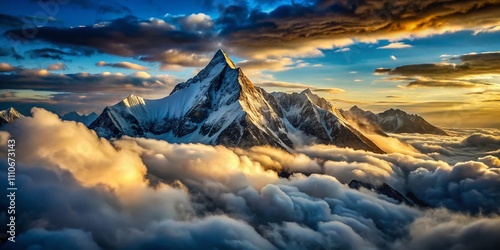 Conceptual Photography of an 8000m Mountain Peak Surrounded by Clouds, Symbolizing Human Endeavor and Nature's Majesty in High Altitude Adventures photo