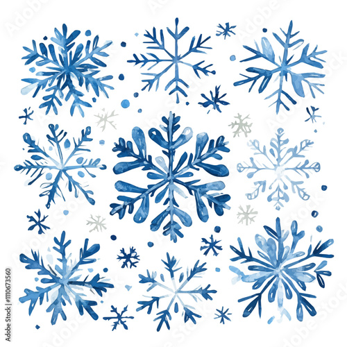 Watercolor festive snowflakes in blue and white isolated on a white background snowflakes set collection