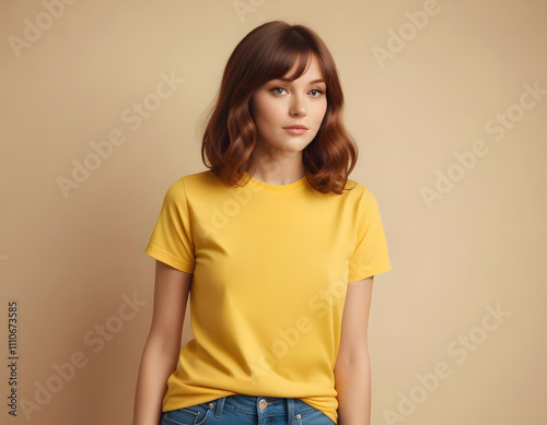 a woman wearing a yellow t-shirt