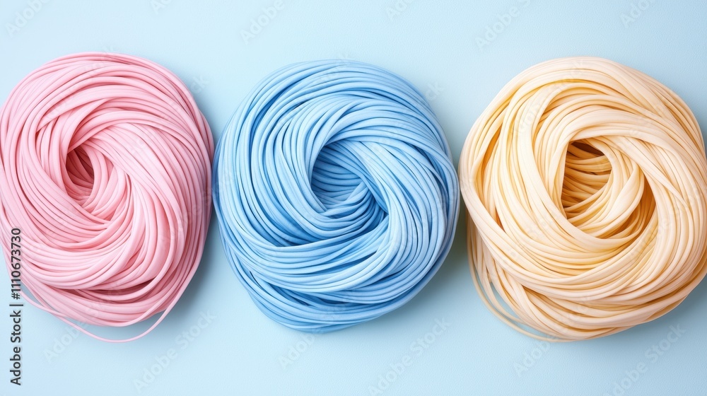 Soft Pastel Colors of Twisted Yarn on Light Blue Background Soft Pastel Colors of Twisted Yarn on Light Blue Background