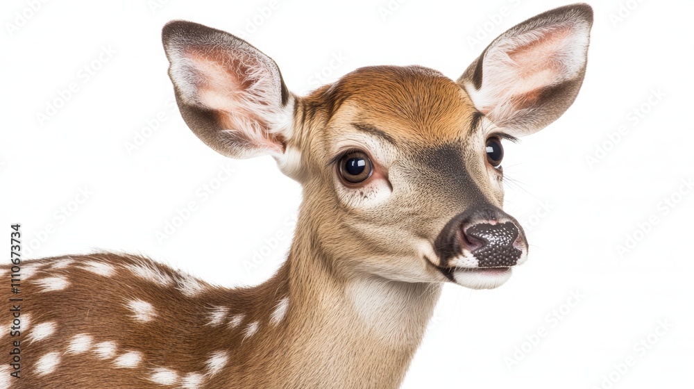 A close-up of a young deer with distinctive spots and large eyes. A close-up of a young deer with distinctive spots and large eyes.