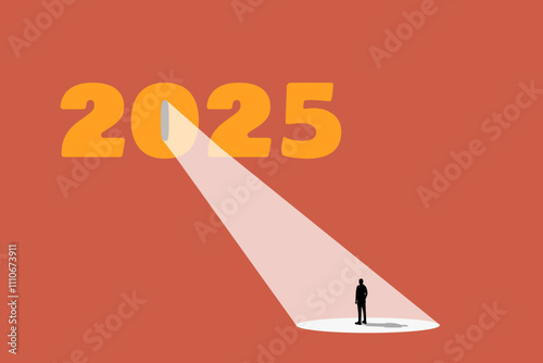 Business recruitment or hiring for 2025. Businessman standing in spotlight or searchlight looking for new career opportunities