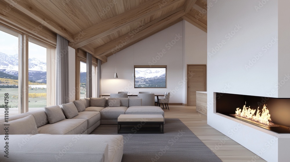Naklejka premium Modern Cozy Living Room with Elegant Fireplace and Scenic View