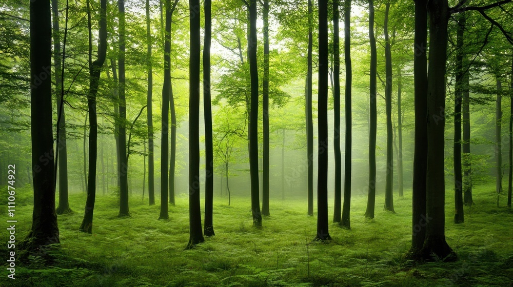 Naklejka premium A peaceful view of a dark green forest with straight tree trunks and soft white mist covering the background