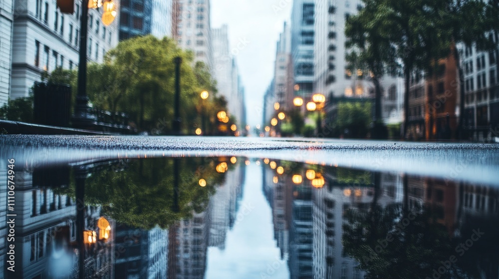 Fototapeta premium Close-up of a city puddle reflecting nearby skyscrapers, street lamps, and trees, with small ripples adding a dreamlike quality, capturing the contrast of urban and natural elements.