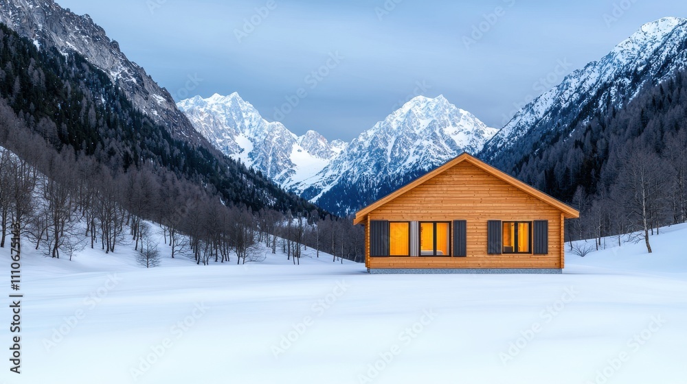 Cozy Wooden Cabin Surrounded by Snowy Alps at Dusk Cozy Wooden Cabin Surrounded by Snowy Alps at Dusk