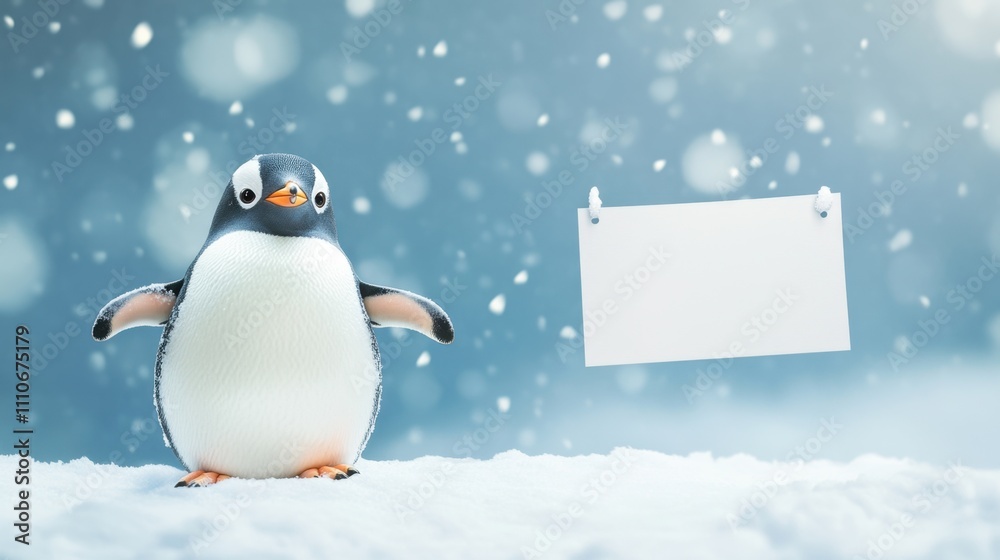 Obraz premium A penguin holding an empty banner in a snowy setting, with snowflakes drifting down and an inviting winter atmosphere