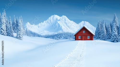 Cozy Red Cabin in Stunning Winter Landscape with Snowy Mountains