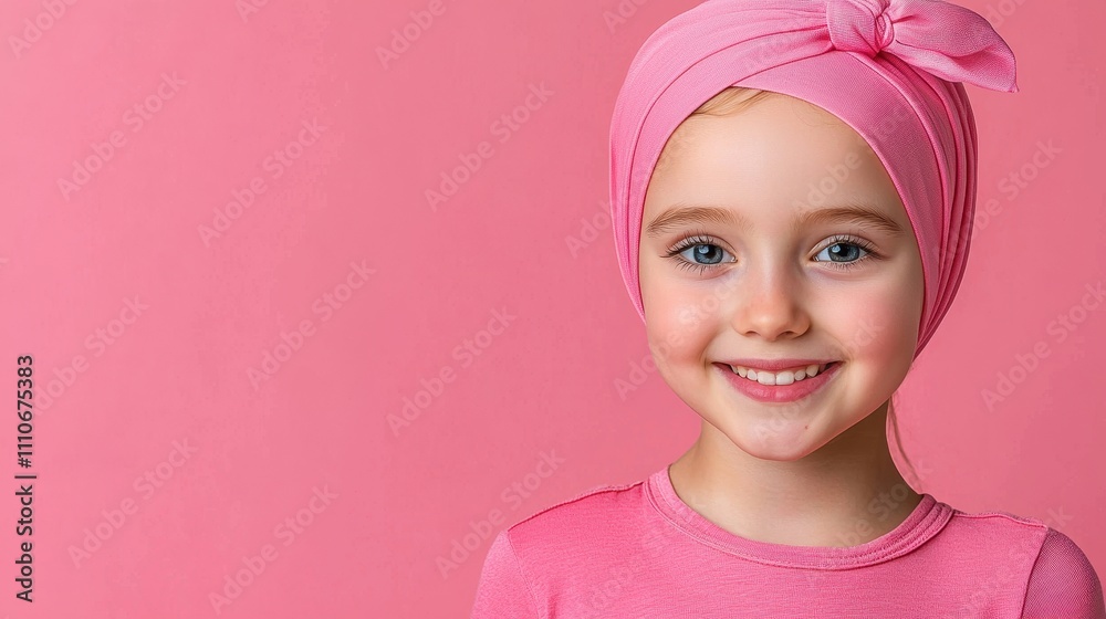 Smiling young girl with pink head wrap on a pastel background Smiling young girl with pink head wrap on a pastel background