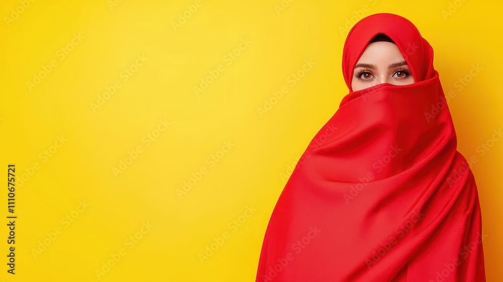 Woman in Red Hijab Posing Against Bright Yellow Background Woman in Red Hijab Posing Against Bright Yellow Background