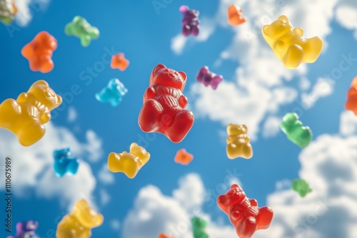 Colorful gummy bears floating in the sky