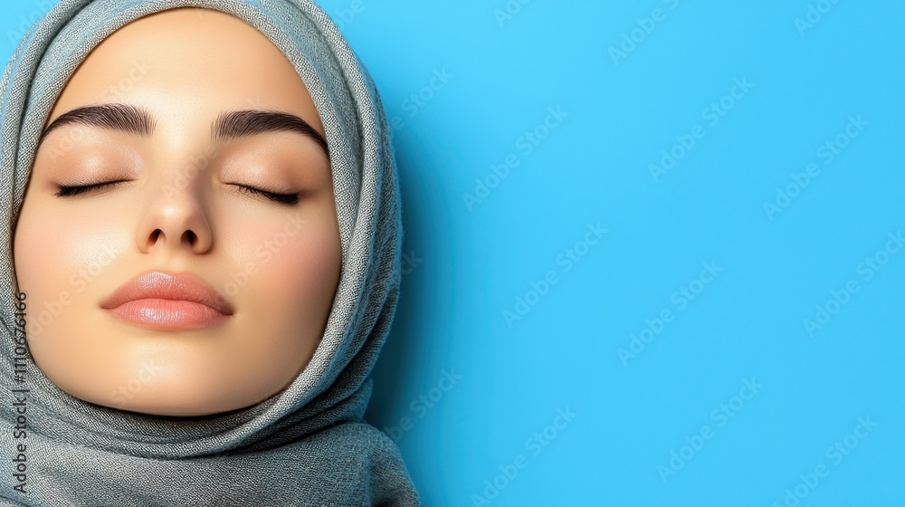 Serene Woman in Headscarf Against Bright Blue Background Serene Woman in Headscarf Against Bright Blue Background