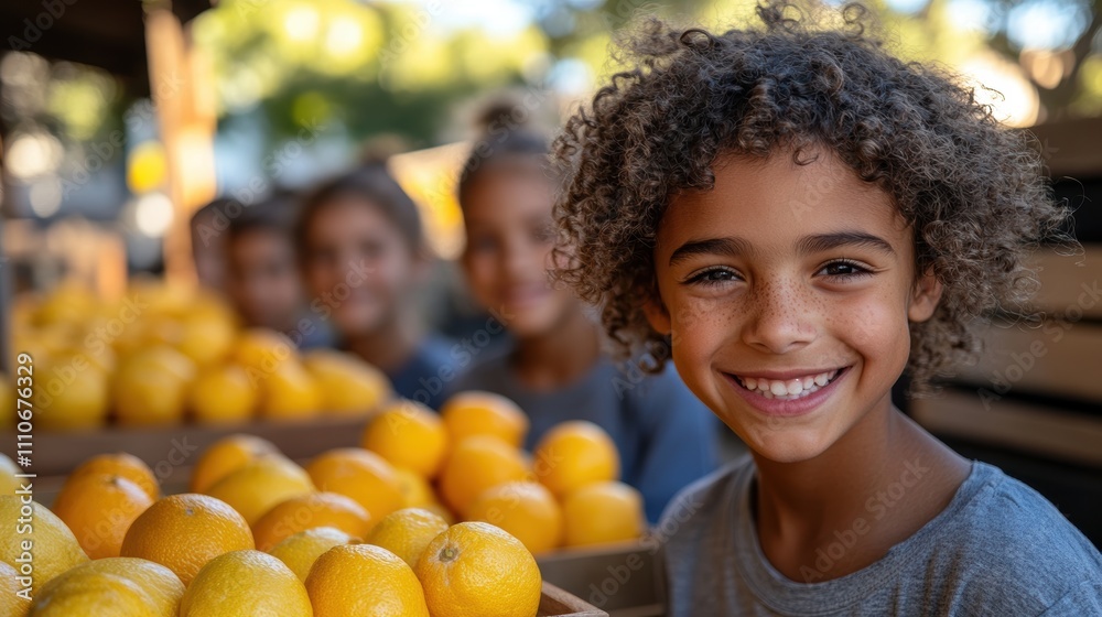 A joyful child with curly hair smiles warmly while standing at a vibrant outdoor market stall, surrounded by fresh, bright yellow oranges on a sunny day. A joyful child with curly hair smiles warmly while standing at a vibrant outdoor market stall, surrounded by fresh, bright yellow oranges on a sunny day.