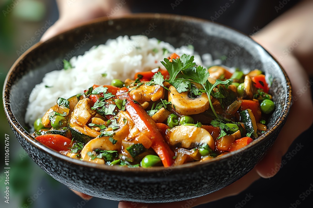 A Hand Holding Vegetable Stir-Fry Bowl A Hand Holding Vegetable Stir-Fry Bowl