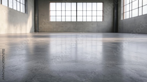 Hard floor interior durable texture. A spacious  minimalistic room with large windows and polished concrete flooring  illuminated by natural light.
