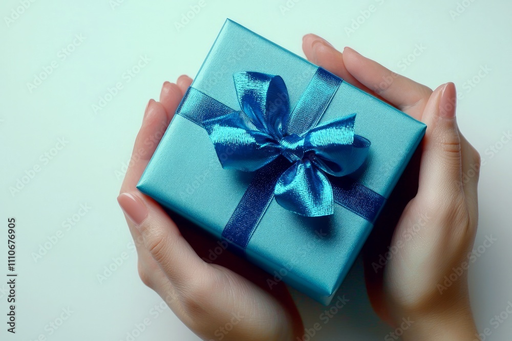 Close-up view of hands holding blue gift box on white background Close-up view of hands holding blue gift box on white background