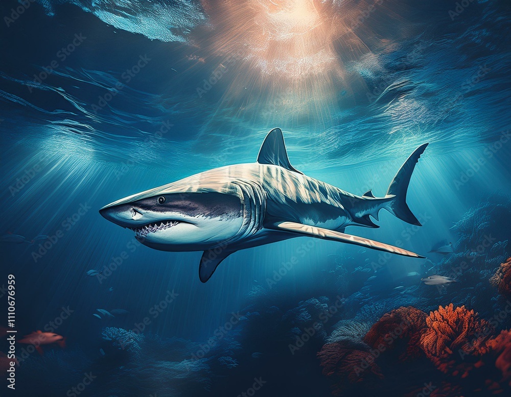 Fototapeta premium shark swimming silently through the depths, with a sense of power