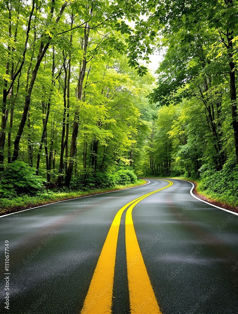 Obraz premium Two parallel yellow lines along an asphalt road, winding through a forested area, driving in the woods, forest landscapes, asphalt road, narrow country roads