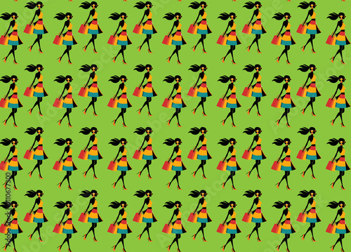 Vibrant, repeating pattern featuring fashion-forward women ready for a shopping spree