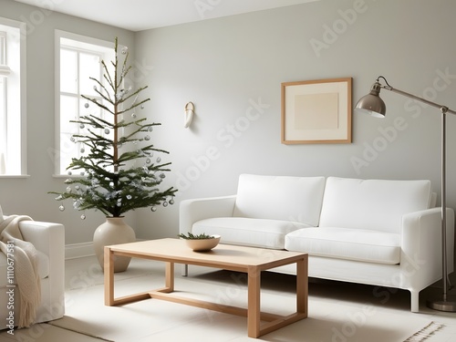 Frame mockup, Living room wall poster mockup. Interior mockup with house background. Modern interior design for Christmas