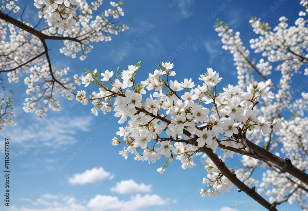 Blooming white cherry blossom tree against clear blue sky, sakura, bloom, cherry blossoms Blooming white cherry blossom tree against clear blue sky, sakura, bloom, cherry blossoms