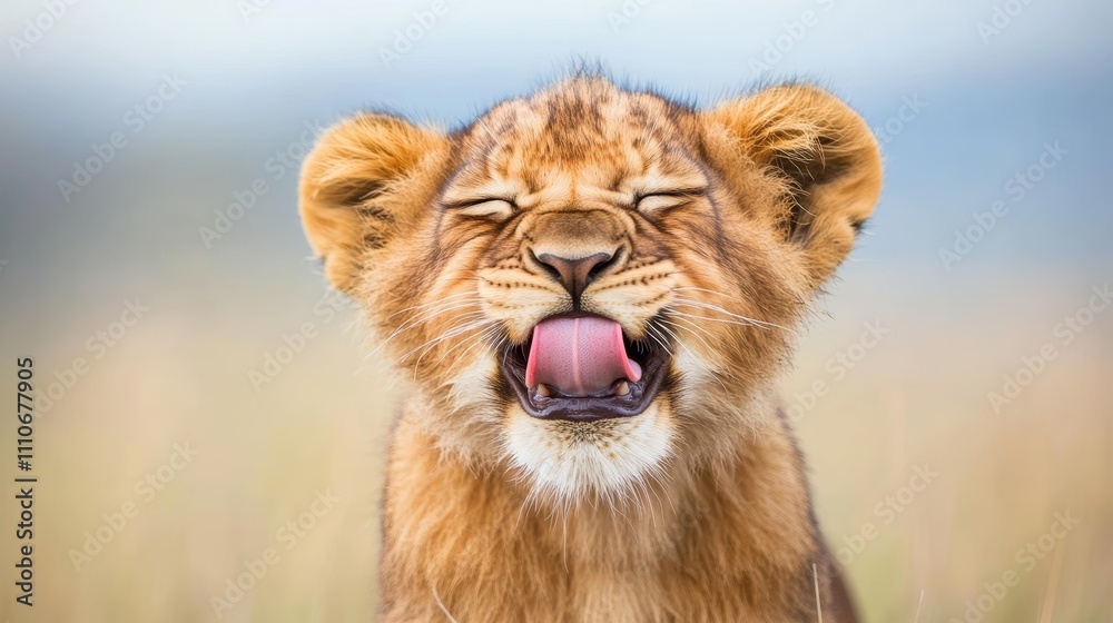 A playful lion cub with its eyes closed, sticking out its tongue in a joyful expression. A playful lion cub with its eyes closed, sticking out its tongue in a joyful expression.
