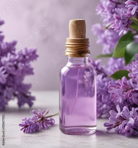 Close up of lilac essential oil dropper bottle with lilac blossoms, fresh, purple, aromatic