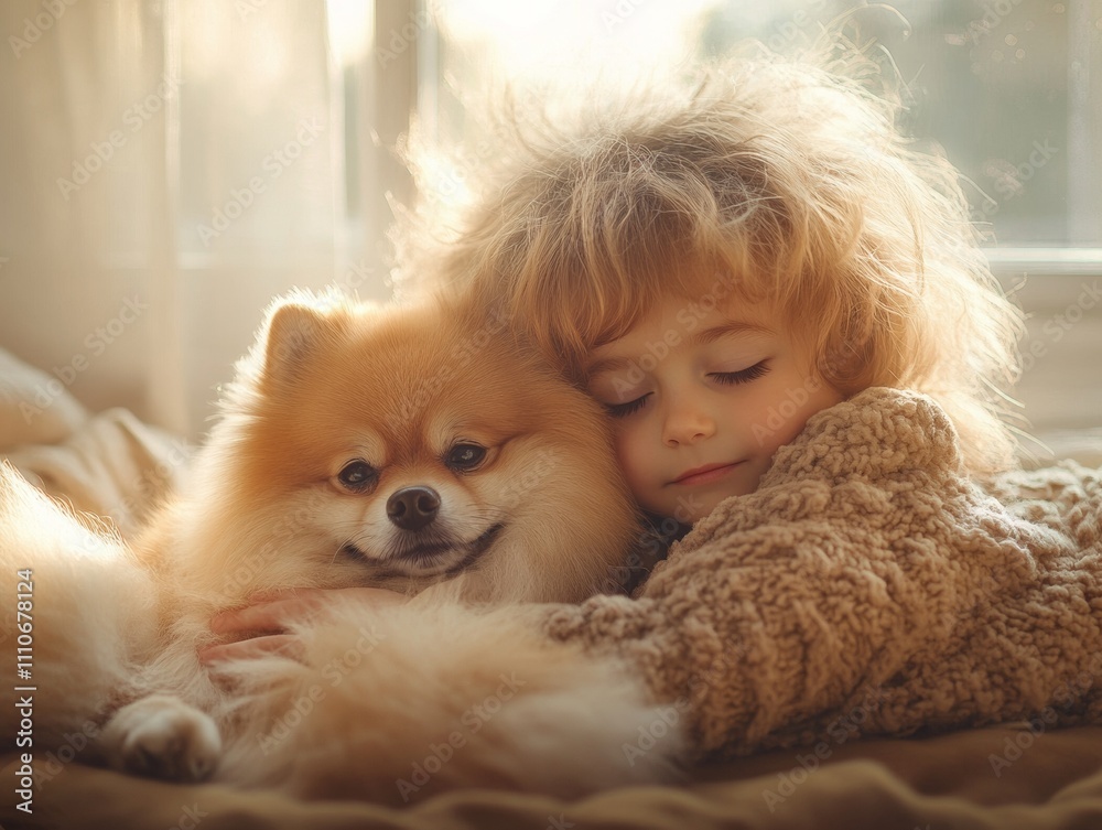 Cozy Morning with Child and Dog in Soft Sunlight Cozy Morning with Child and Dog in Soft Sunlight