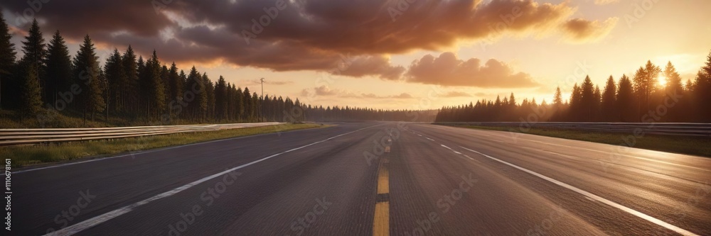 Dramatic sunset sky over a wide race track in the peaceful woods, green, trees, landscape Dramatic sunset sky over a wide race track in the peaceful woods, green, trees, landscape