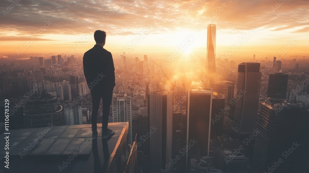A silhouetted figure stands contemplatively on the edge of a rooftop, overlooking a sprawling urban cityscape illuminated by a breathtaking sunrise. A silhouetted figure stands contemplatively on the edge of a rooftop, overlooking a sprawling urban cityscape illuminated by a breathtaking sunrise.
