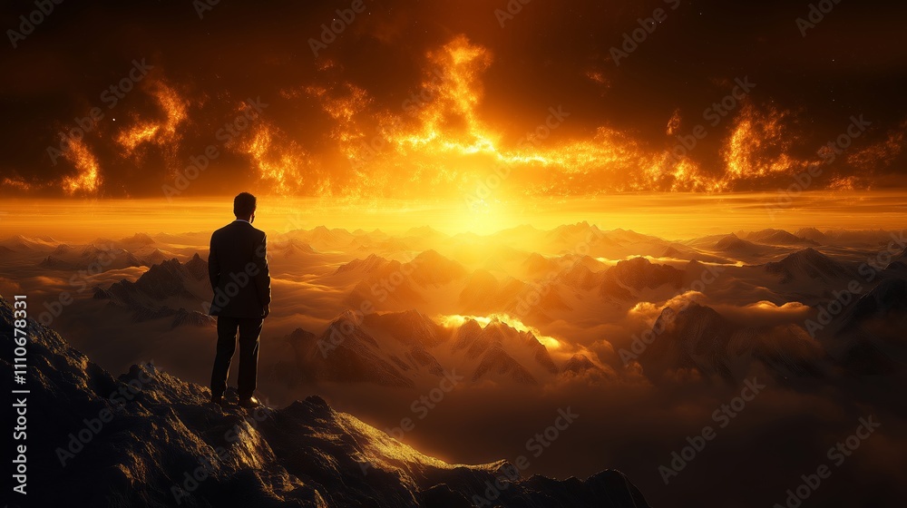 Fototapeta premium A silhouetted figure gazes over a breathtaking sunset, symbolizing hope and reflection amidst majestic mountains.