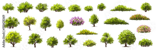  Vector watercolor blooming flower tree or forest side view isolated on white background for landscape and architecture drawing,elements for environment or and garden,green tree for garden section 