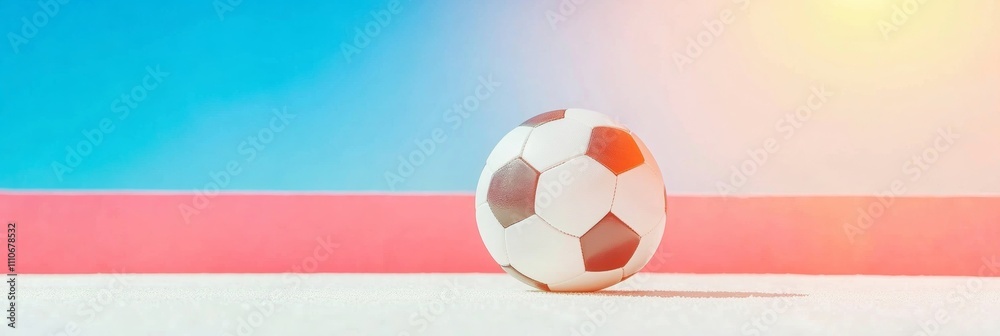 Naklejka premium Dramatic Focus on Football at Penalty Line Under Vibrant Sky