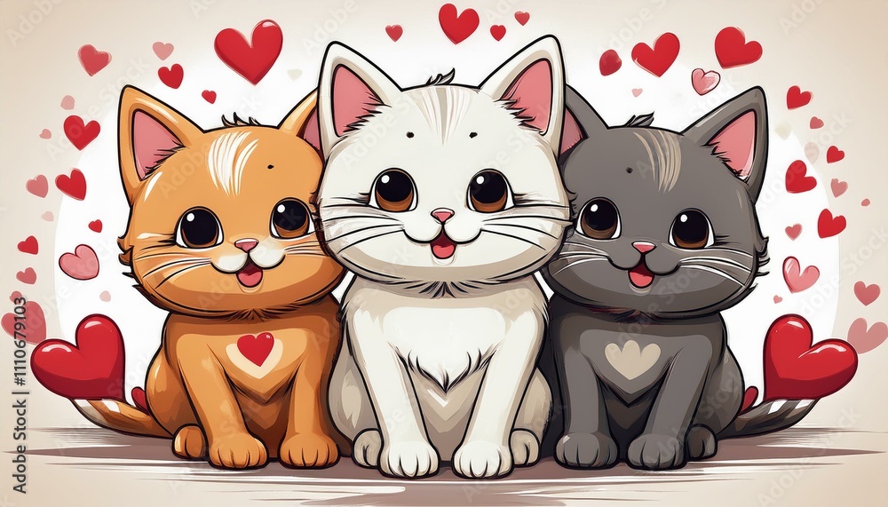 three playful cartoon cats with smiling expressions three playful cartoon cats with smiling expressions