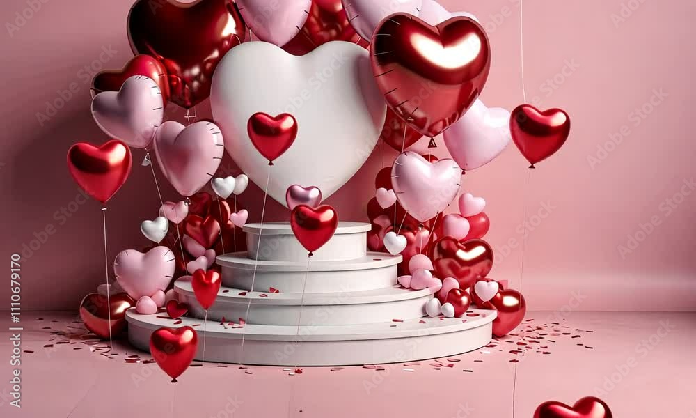 Happy valentines day podium display decoration with heart shape balloon, confetti, 3D rendering illustration