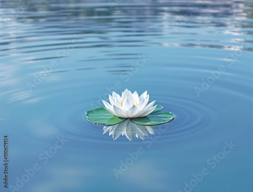 Softly shimmering water lily pad on a serene lake, watery surface, calming atmosphere, soft focus, natural serenity, serene landscape