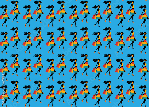 Vibrant, repeating pattern featuring fashion-forward women ready for a shopping spree
